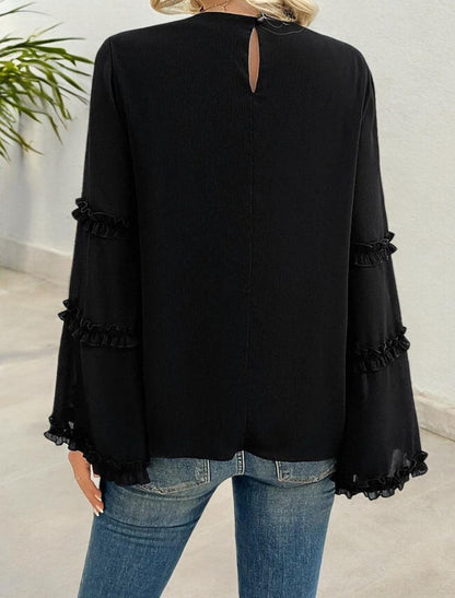Bell Sleeve Top with Ruffle Trim Details and Crew Neckline