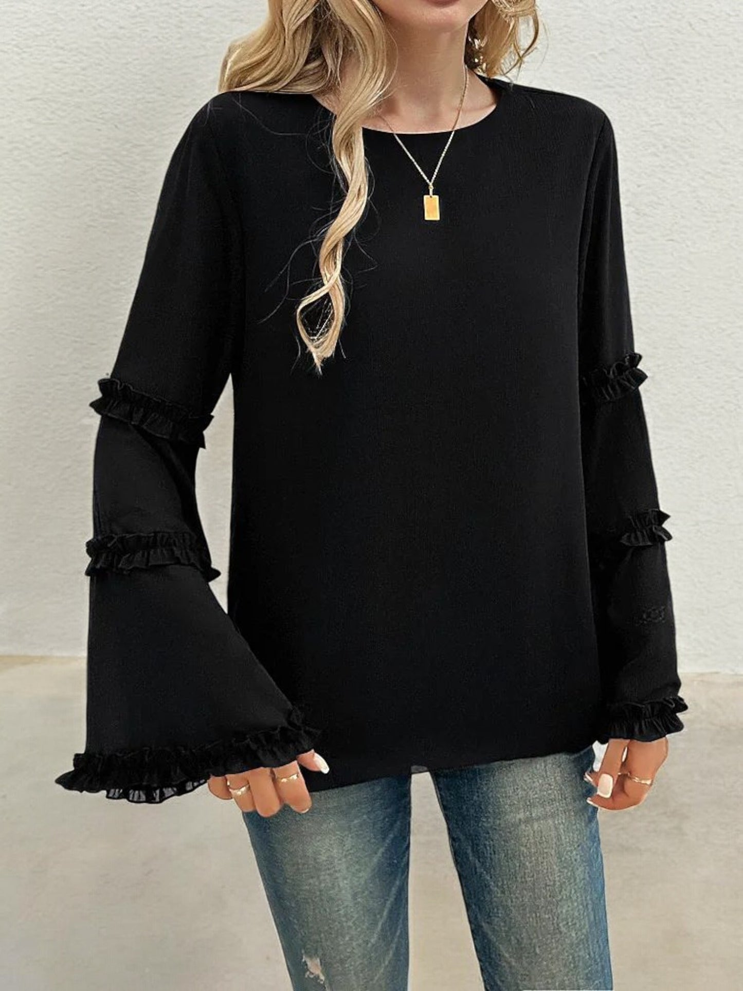 Bell Sleeve Top with Ruffle Trim Details and Crew Neckline