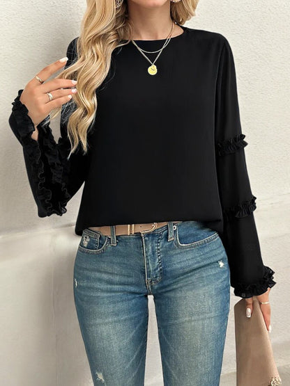Bell Sleeve Top with Ruffle Trim Details and Crew Neckline