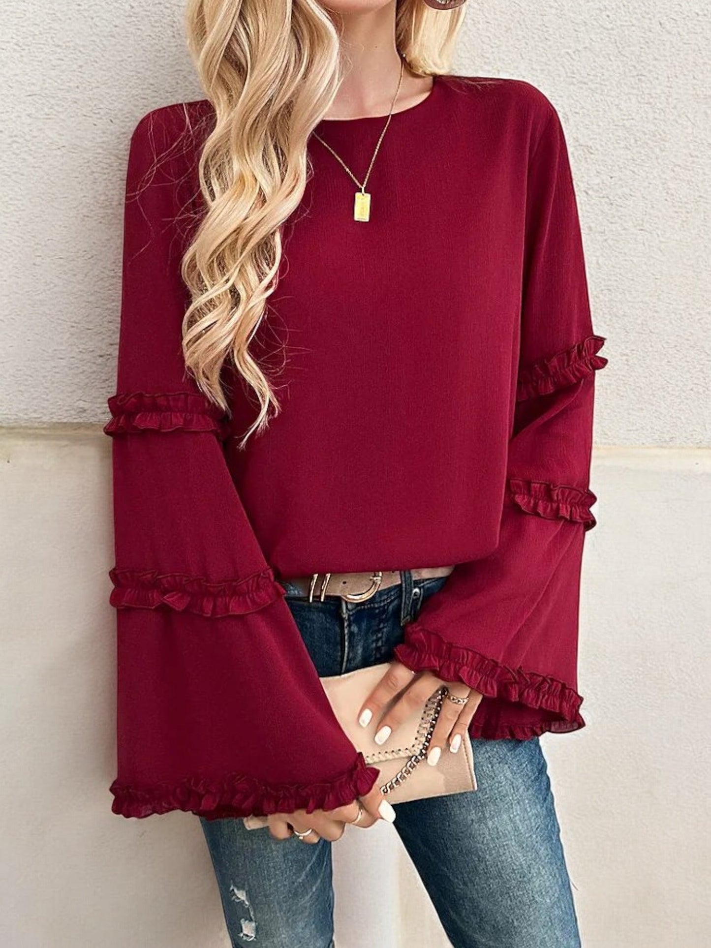 Bell Sleeve Top with Ruffle Trim Details and Crew Neckline