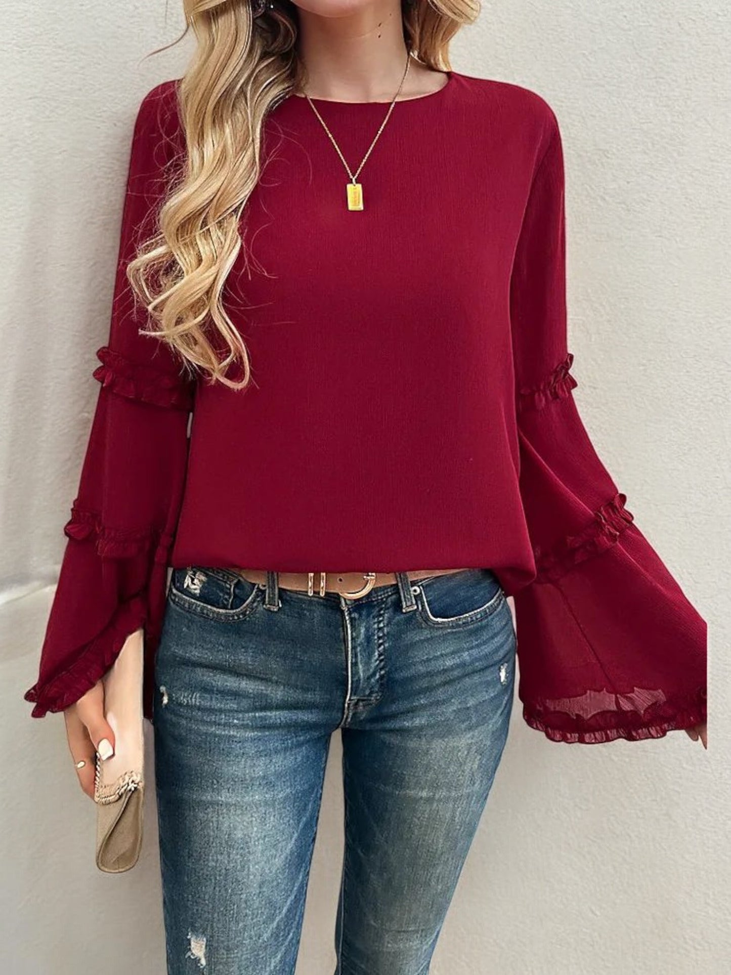Bell Sleeve Top with Ruffle Trim Details and Crew Neckline