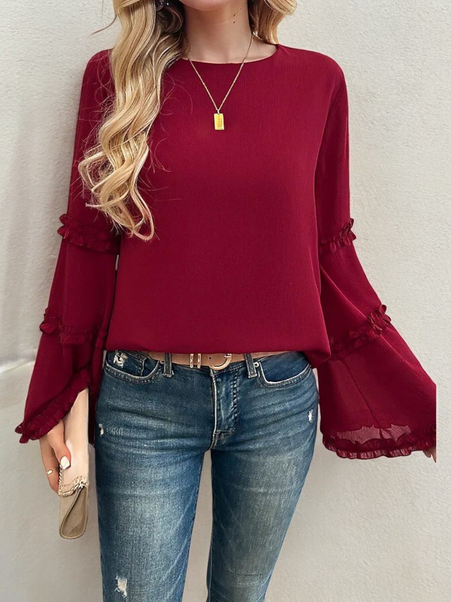 Bell Sleeve Top with Ruffle Trim Details and Crew Neckline
