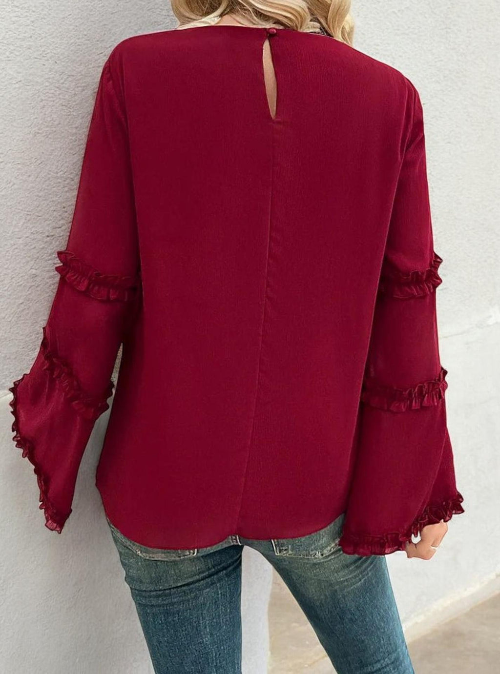 Bell Sleeve Top with Ruffle Trim Details and Crew Neckline