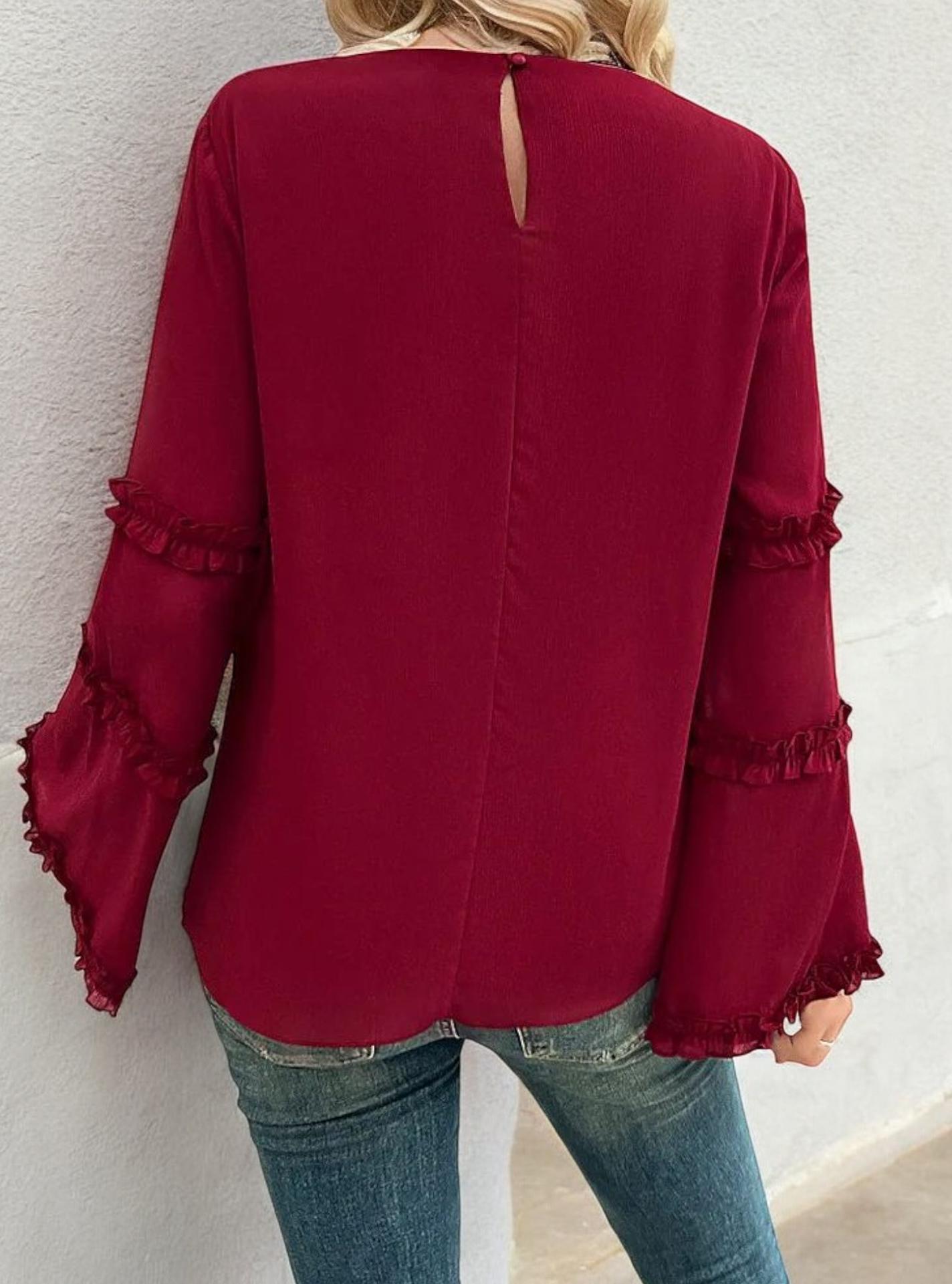 Bell Sleeve Top with Ruffle Trim Details and Crew Neckline