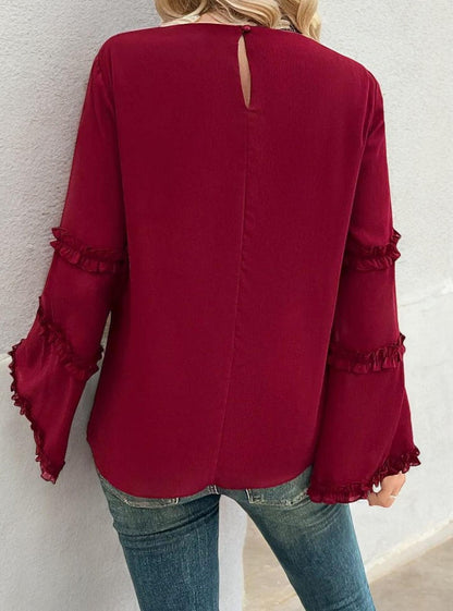 Bell Sleeve Top with Ruffle Trim Details and Crew Neckline
