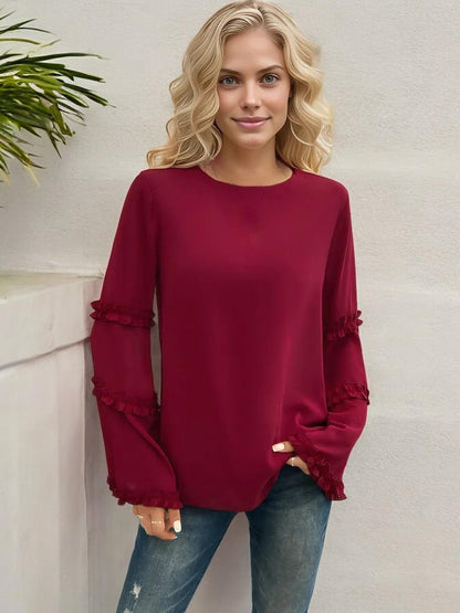 Bell Sleeve Top with Ruffle Trim Details and Crew Neckline