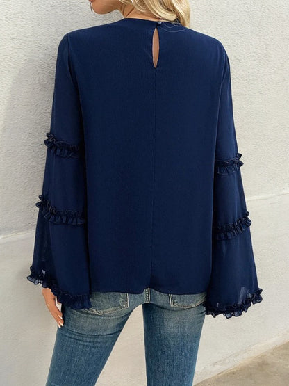 Bell Sleeve Top with Ruffle Trim Details and Crew Neckline