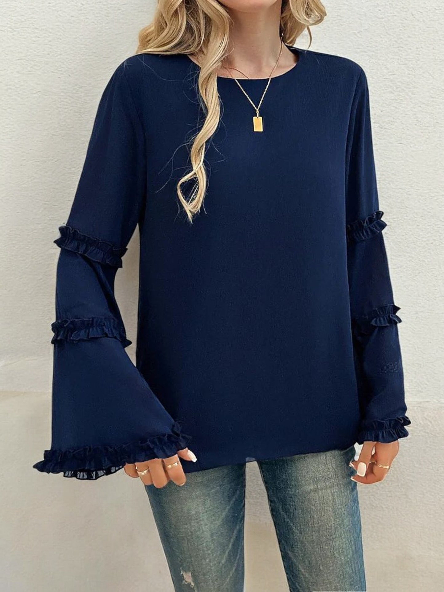 Bell Sleeve Top with Ruffle Trim Details and Crew Neckline