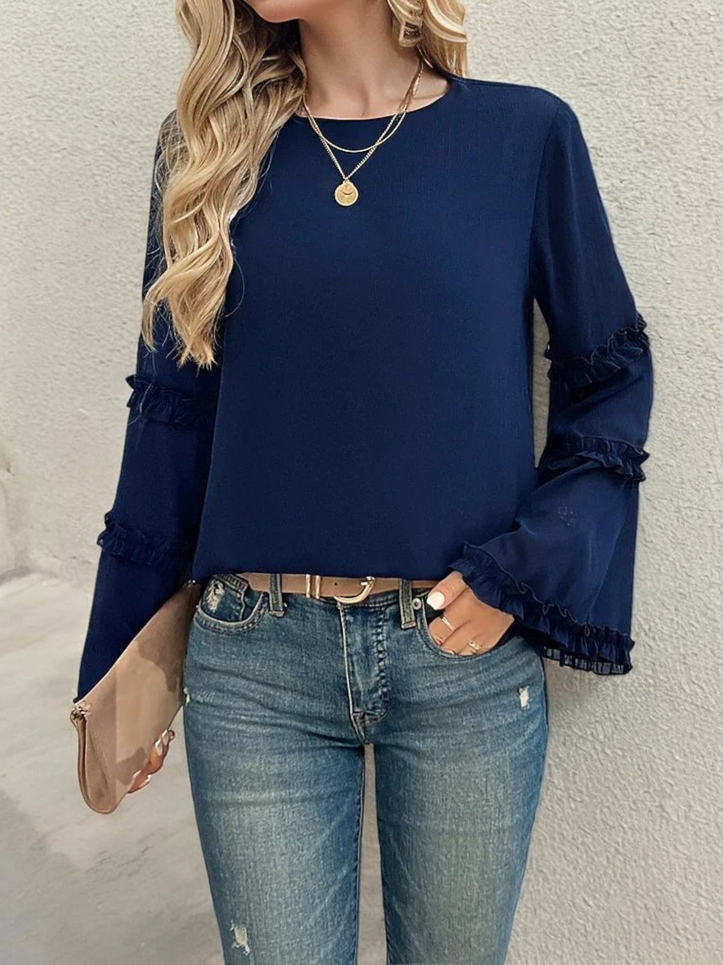 Bell Sleeve Top with Ruffle Trim Details and Crew Neckline