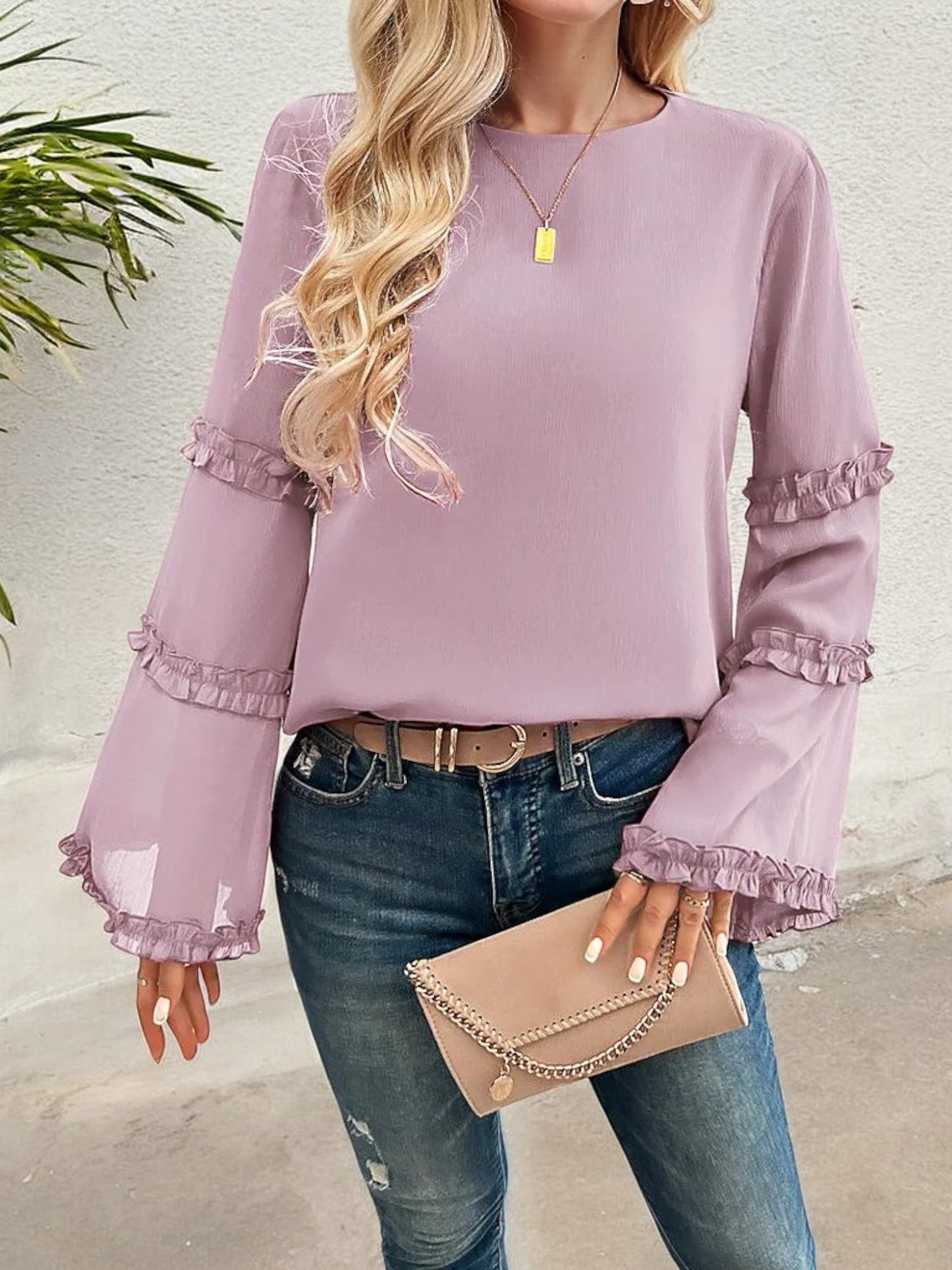 Bell Sleeve Top with Ruffle Trim Details and Crew Neckline