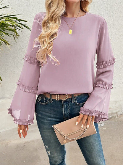 Bell Sleeve Top with Ruffle Trim Details and Crew Neckline