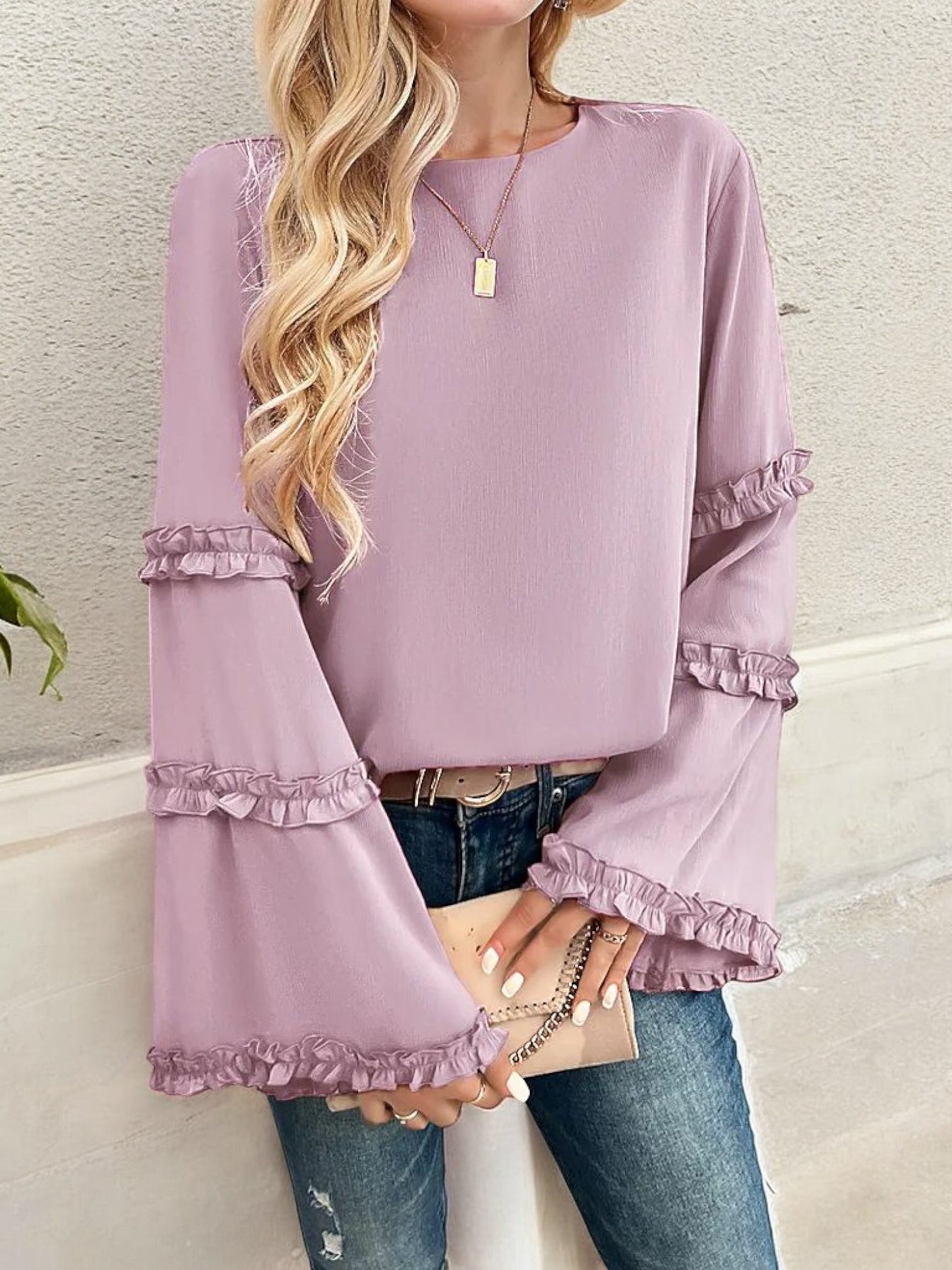 Bell Sleeve Top with Ruffle Trim Details and Crew Neckline