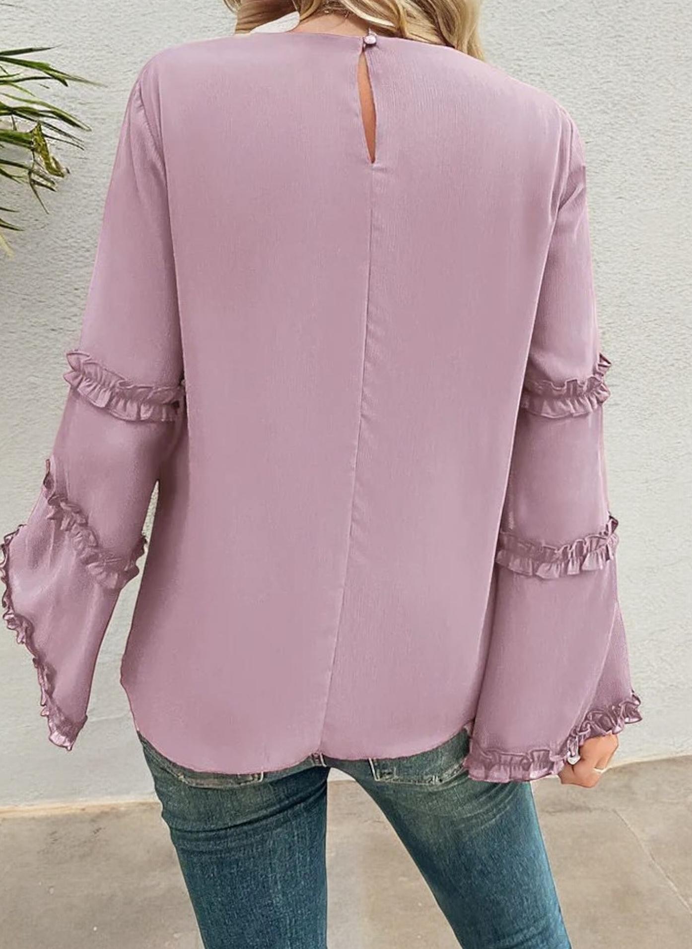 Bell Sleeve Top with Ruffle Trim Details and Crew Neckline