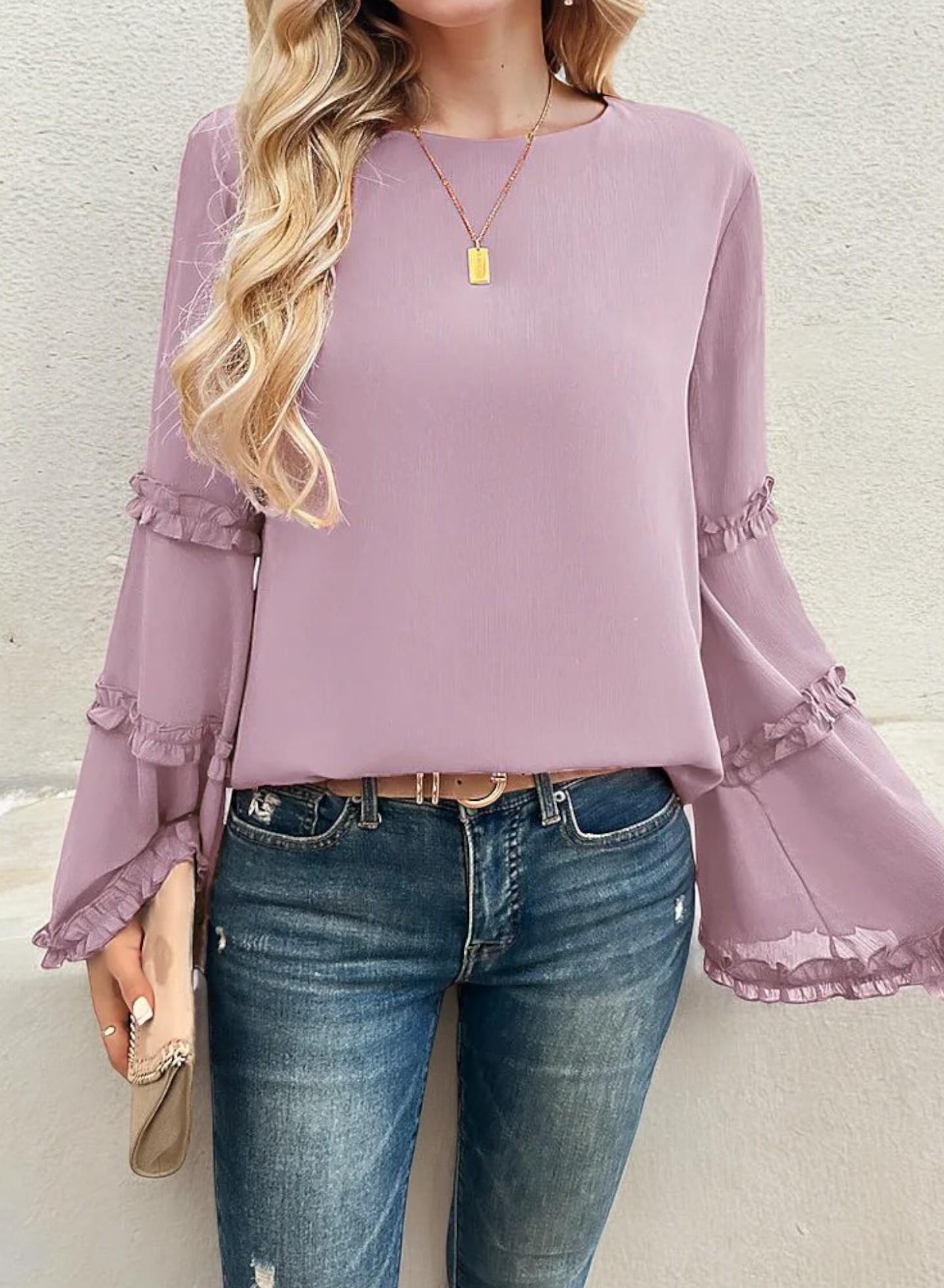 Bell Sleeve Top with Ruffle Trim Details and Crew Neckline