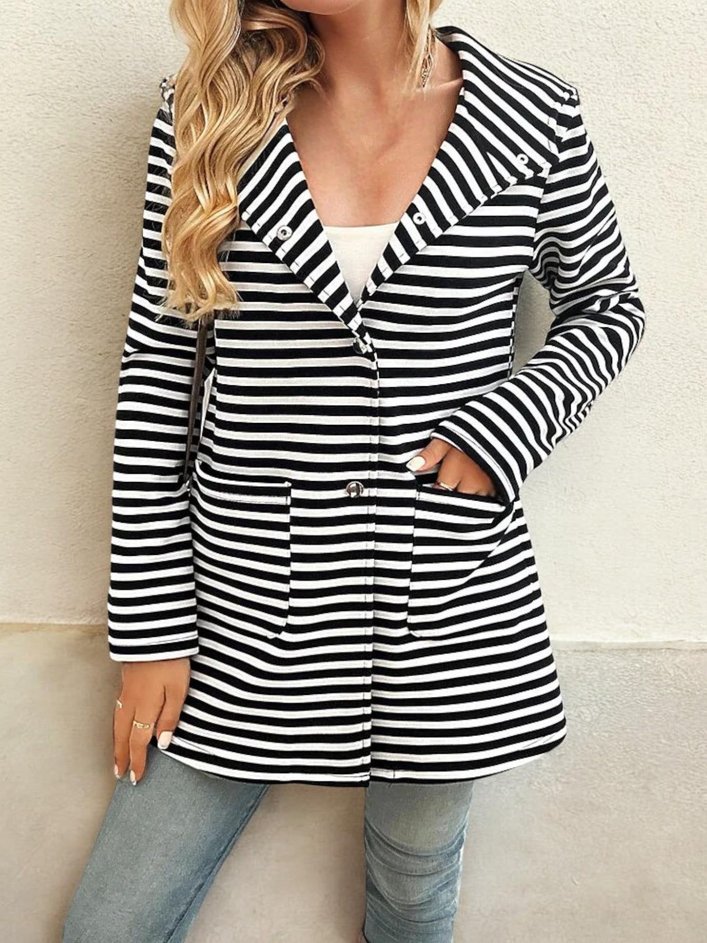 Striped Open-Front Blazer with Notched Lapel and Pockets