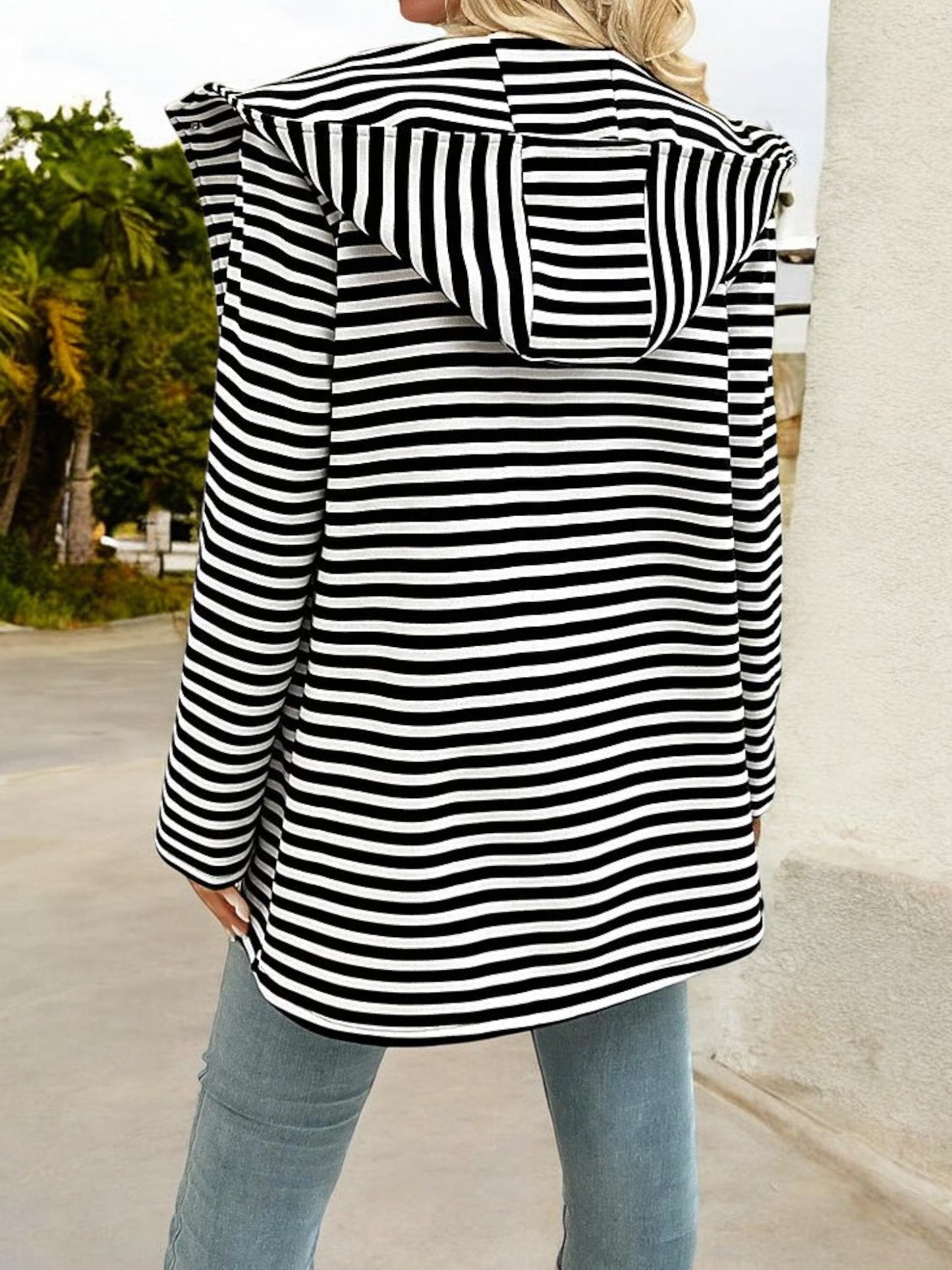 Striped Open-Front Blazer with Notched Lapel and Pockets