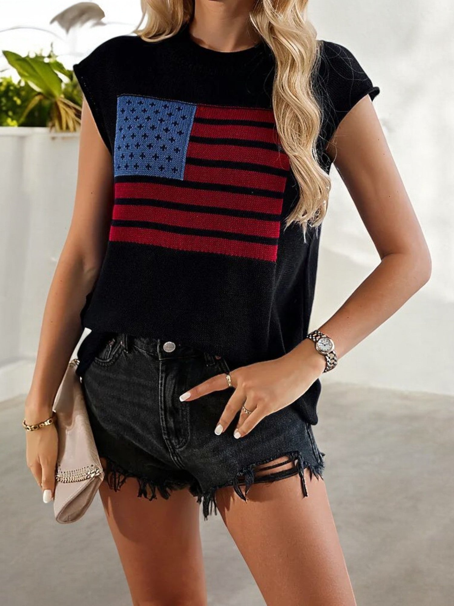 Sleeveless Knit Top with American Flag Graphic and Ribbed Trim