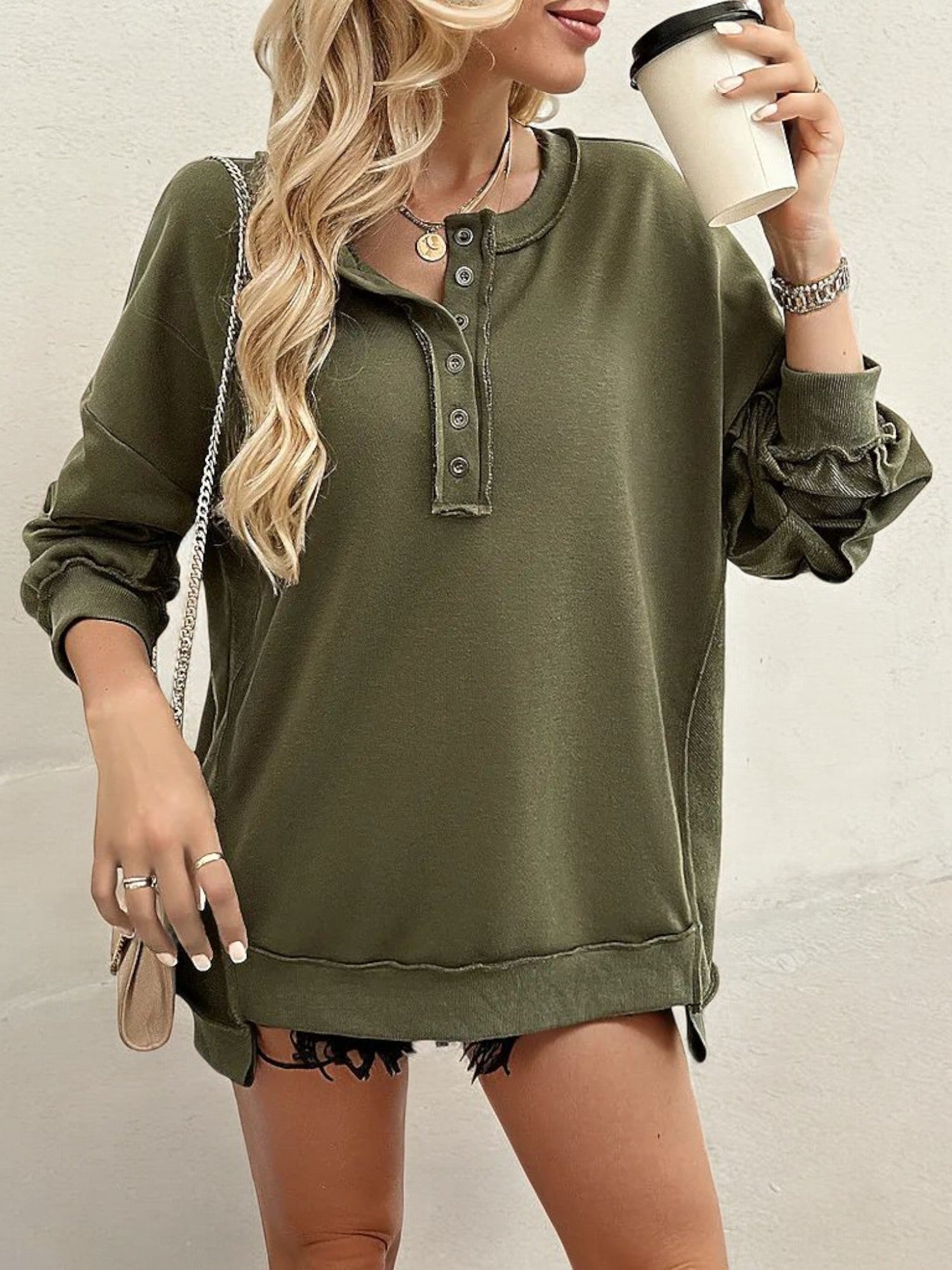 Long Sleeve Henley Top with Button Placket and Side Slits