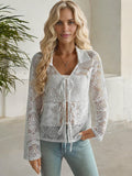 Crochet Lace Tie-Front Blouse with Long Sleeves and Open Knit Design