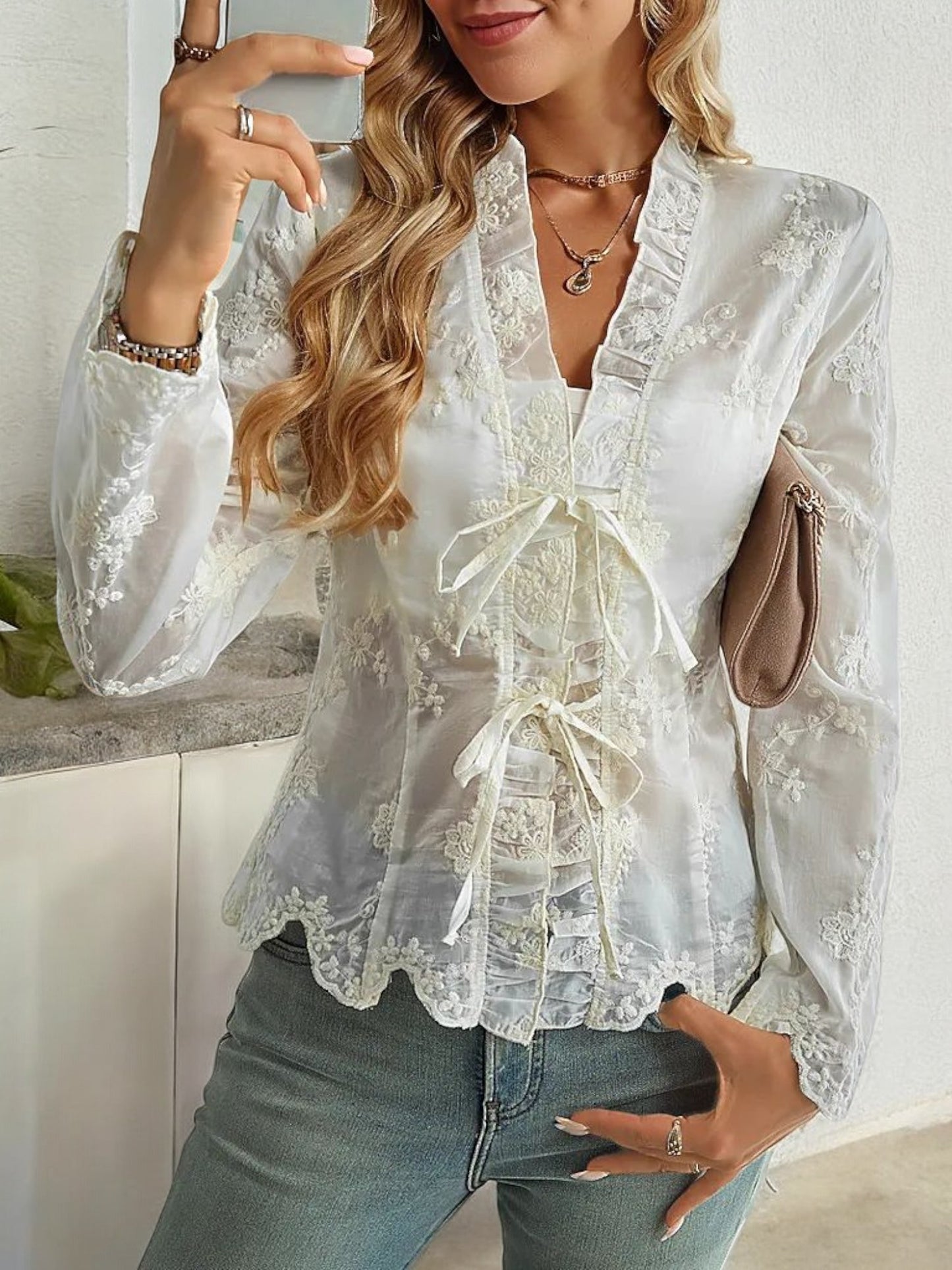 Sheer Lace Blouse with Ribbon Tie Detail and Scalloped Hem