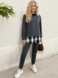Layered Look Sweatshirt with Plaid Hem Detail and Long Sleeves