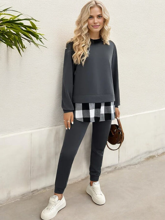 Layered Look Sweatshirt with Plaid Hem Detail and Long Sleeves