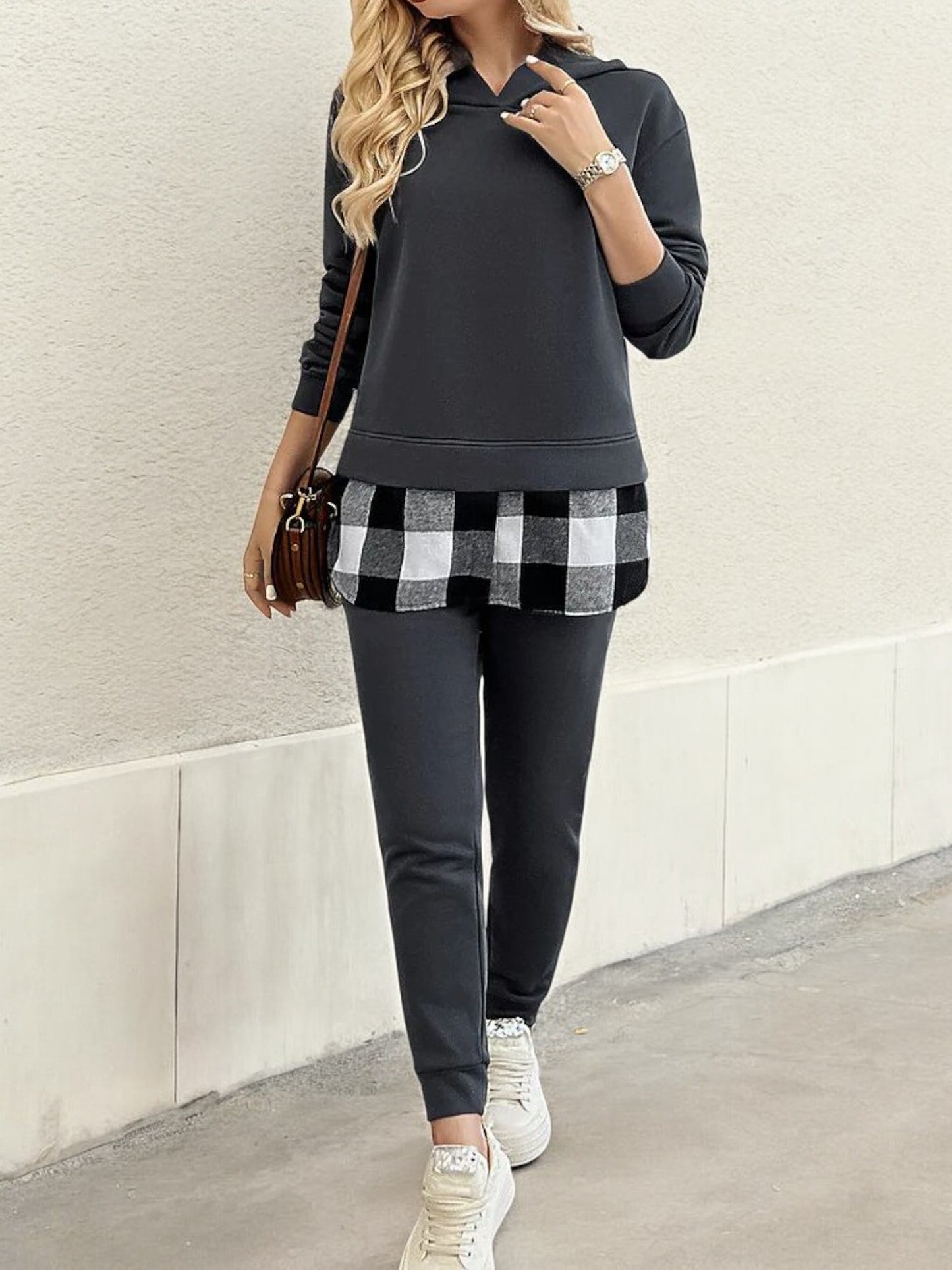 Layered Look Sweatshirt with Plaid Hem Detail and Long Sleeves