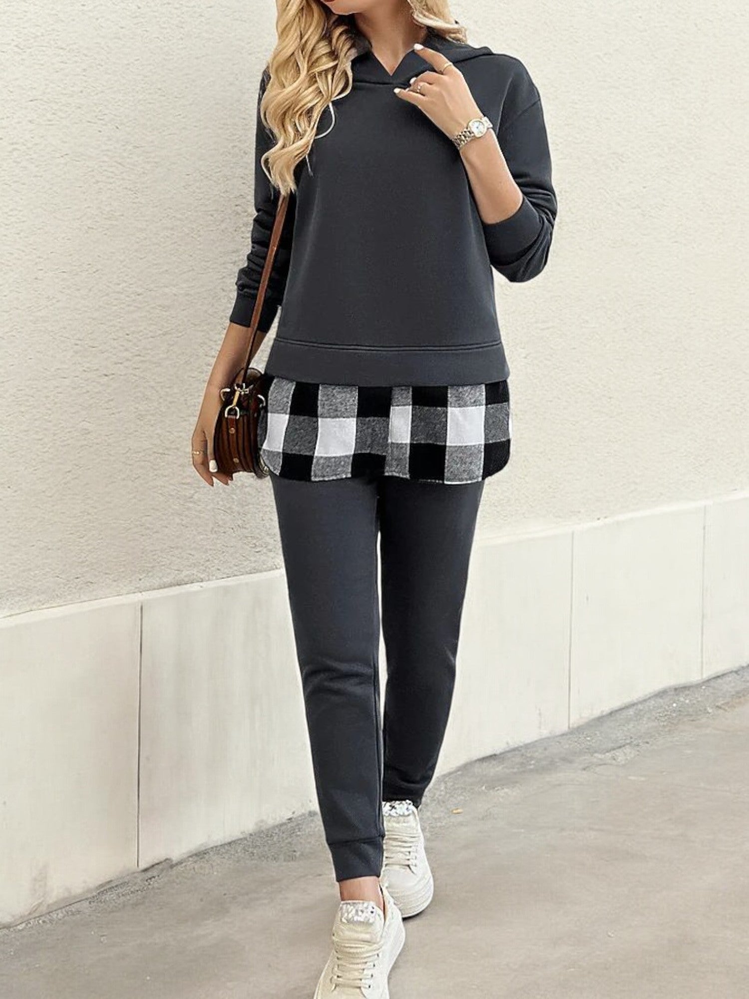 Layered Look Sweatshirt with Plaid Hem Detail and Long Sleeves