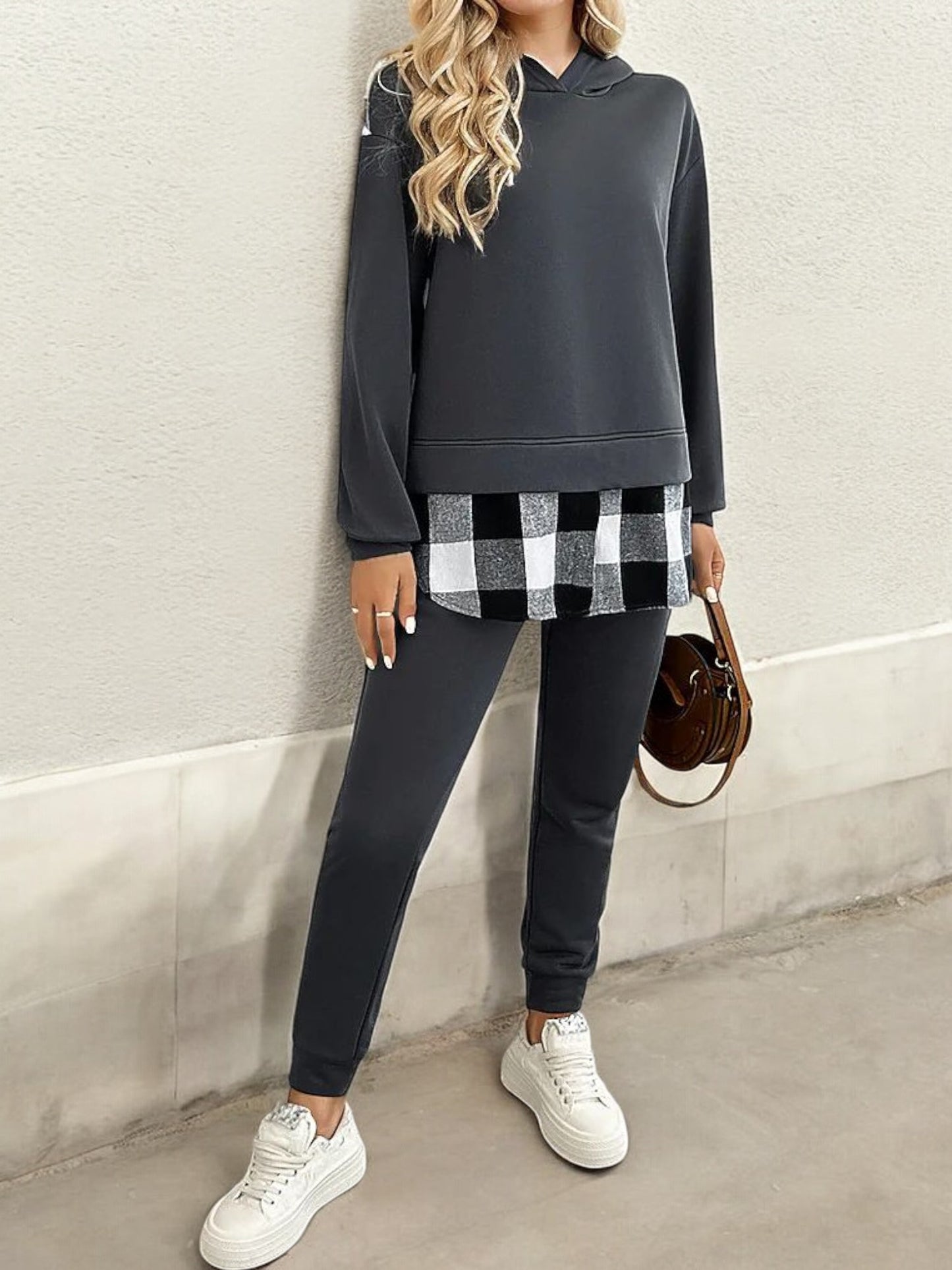 Layered Look Sweatshirt with Plaid Hem Detail and Long Sleeves