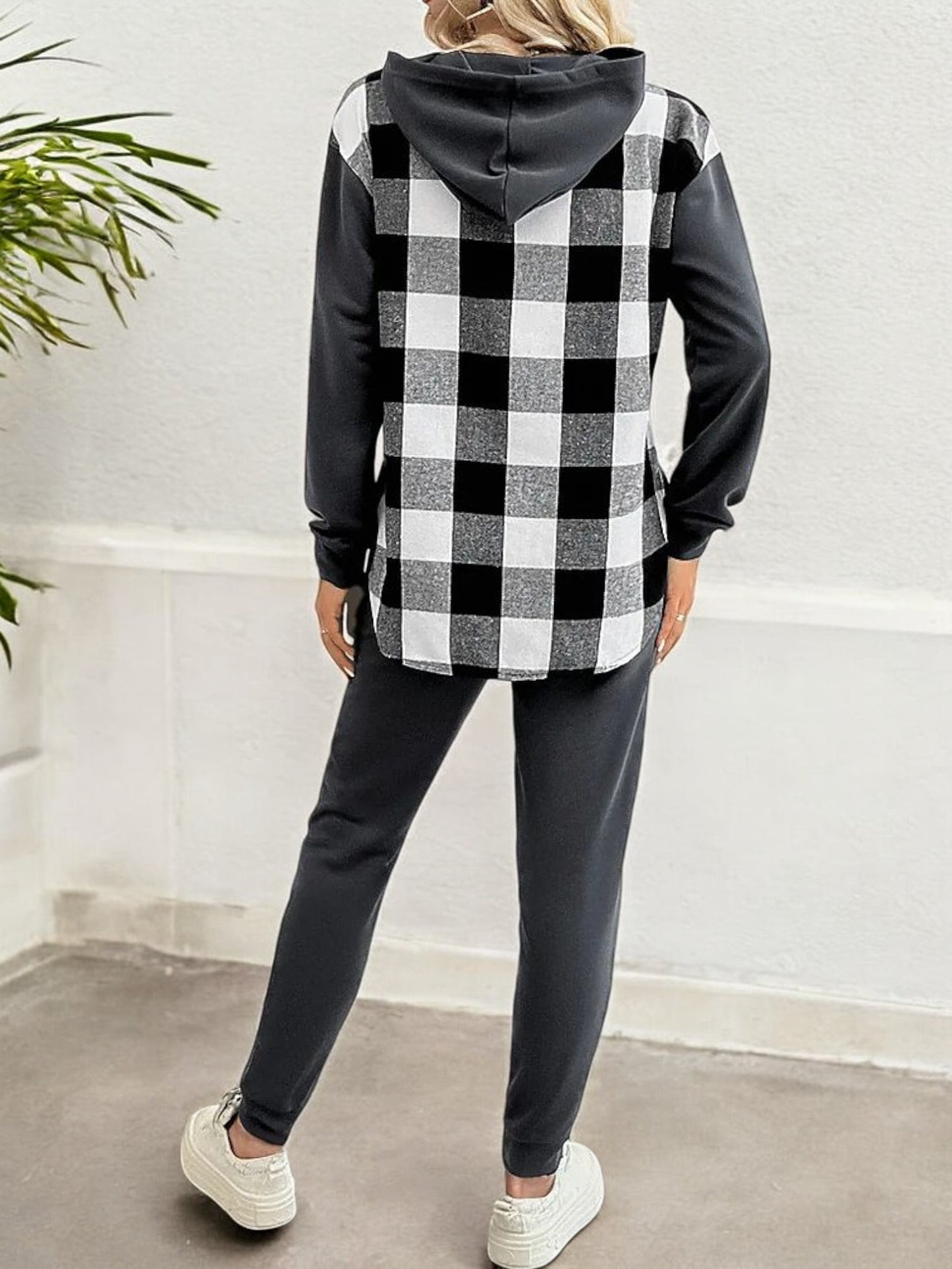 Layered Look Sweatshirt with Plaid Hem Detail and Long Sleeves