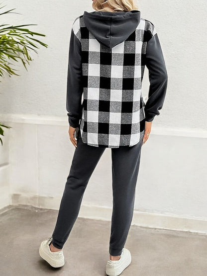 Layered Look Sweatshirt with Plaid Hem Detail and Long Sleeves