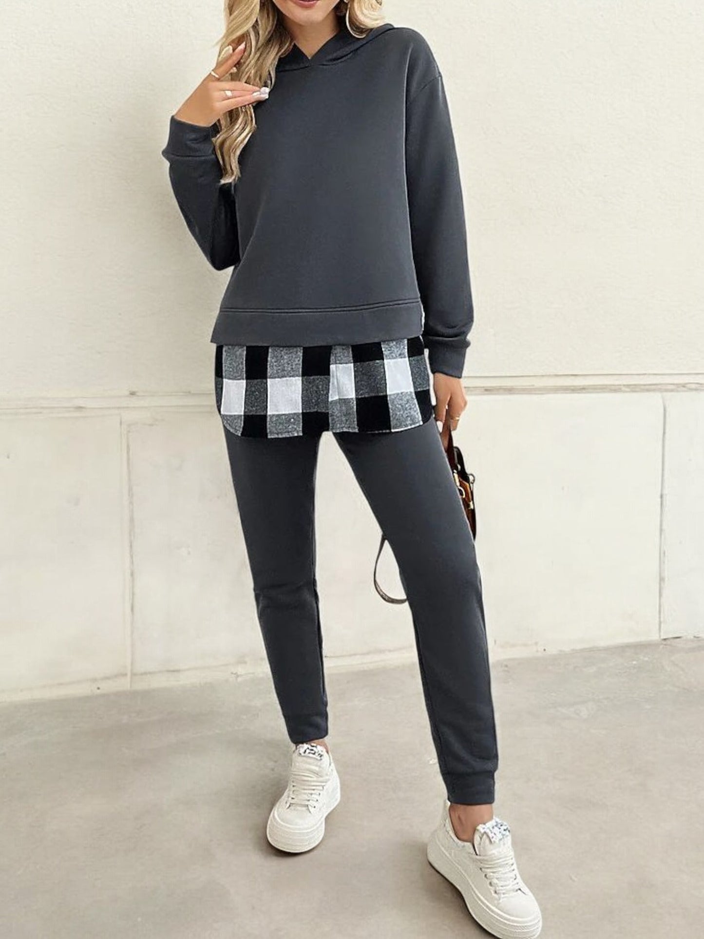 Layered Look Sweatshirt with Plaid Hem Detail and Long Sleeves