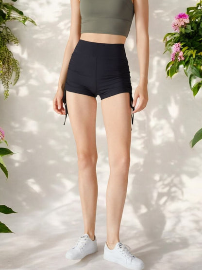 High Waist Ruched Side Tie Athletic Shorts for Yoga and Training