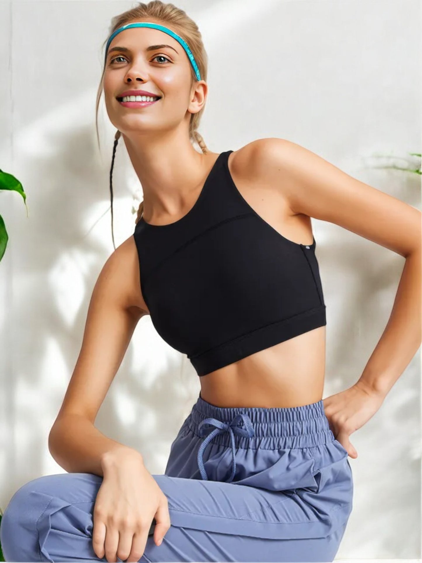 High Neck Racerback Sports Bra with Contoured Fit and Supportive Band