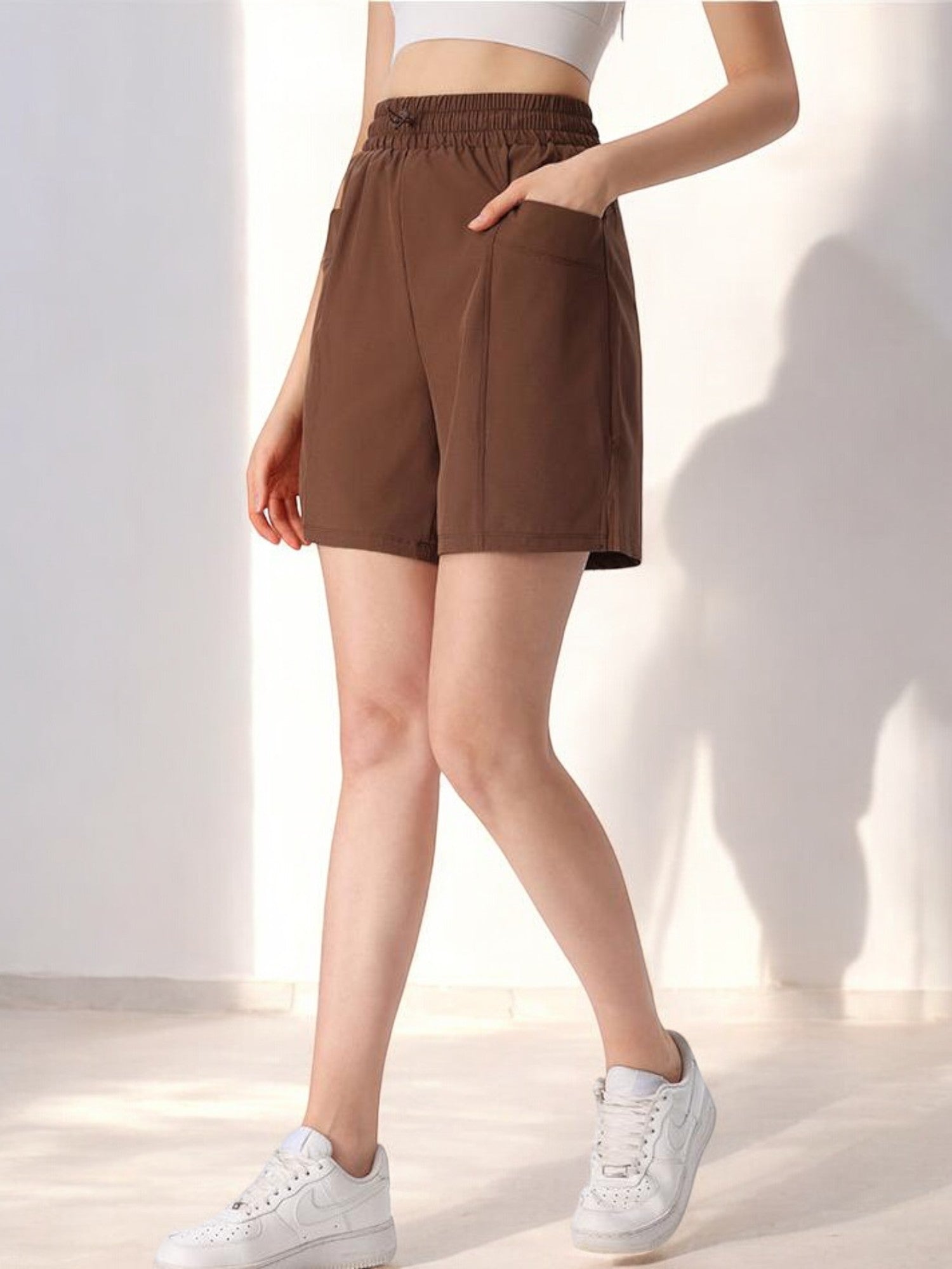 High Waist Drawstring Athletic Shorts with Relaxed Fit and Side Pockets