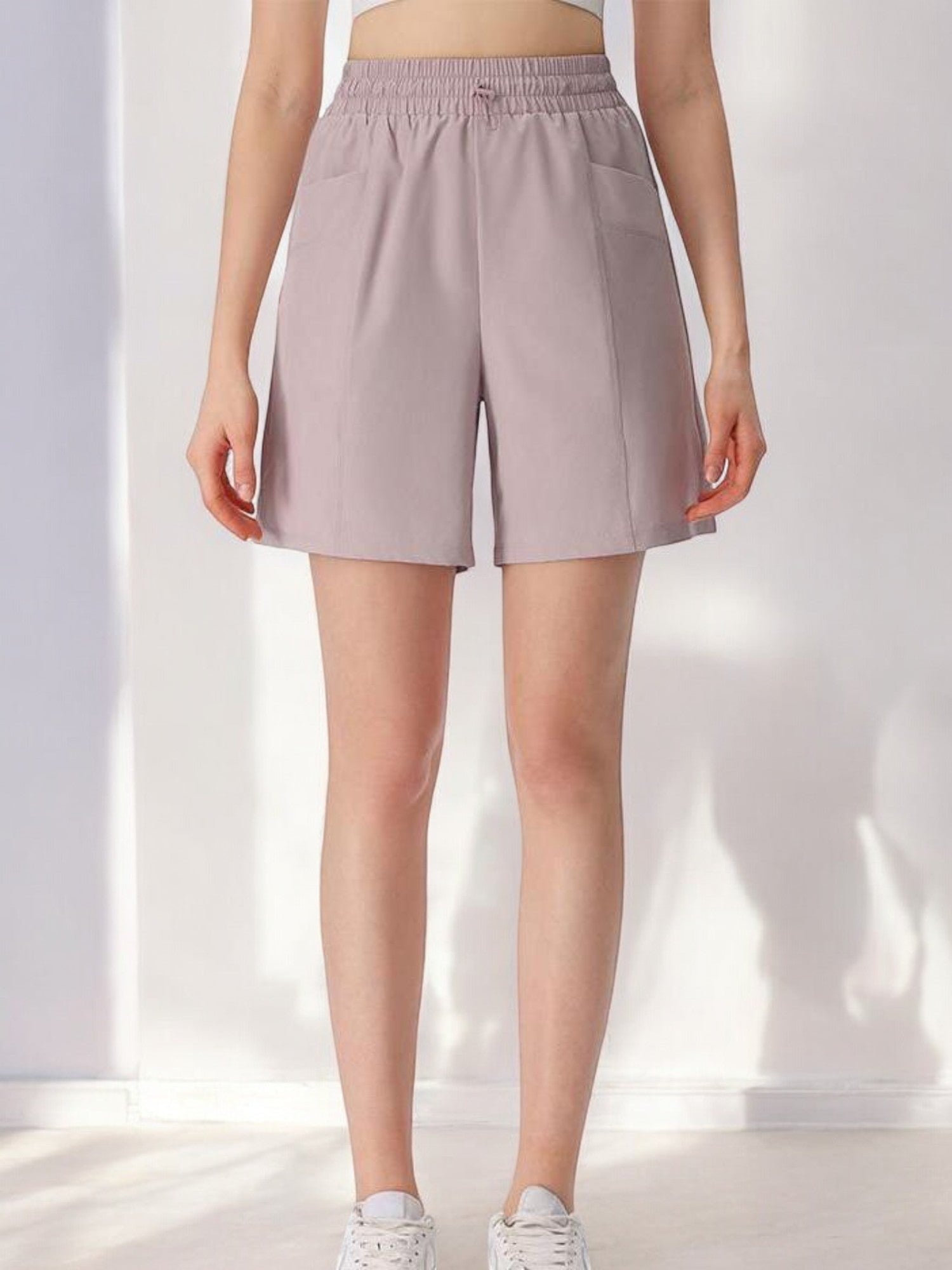 High Waist Drawstring Athletic Shorts with Relaxed Fit and Side Pockets