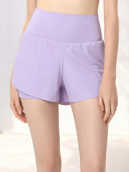 High Waist Double Layer Athletic Shorts with Overlap Hem and Compression Lining