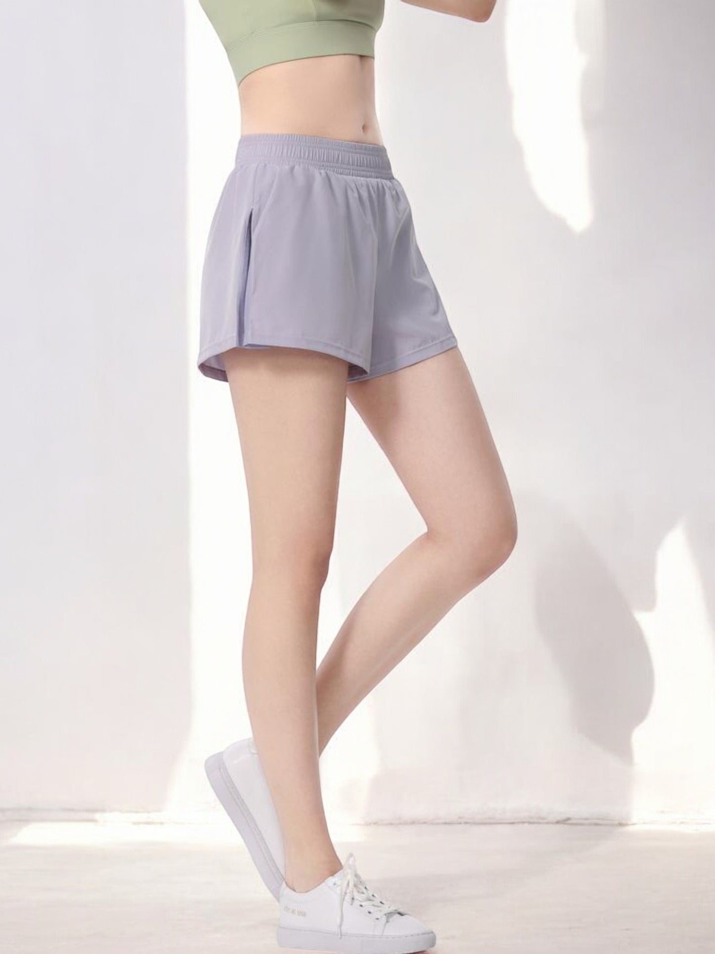 High Waist Elastic Active Sports Shorts with Overlapping Hem Design