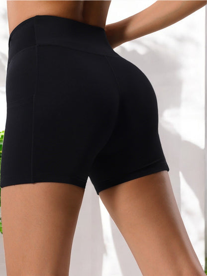 High Waist Scrunch Front Athletic Shorts with Side Pockets