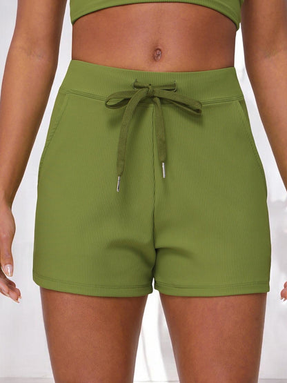 High Waist Ribbed Lounge Shorts with Drawstring and Side Pockets