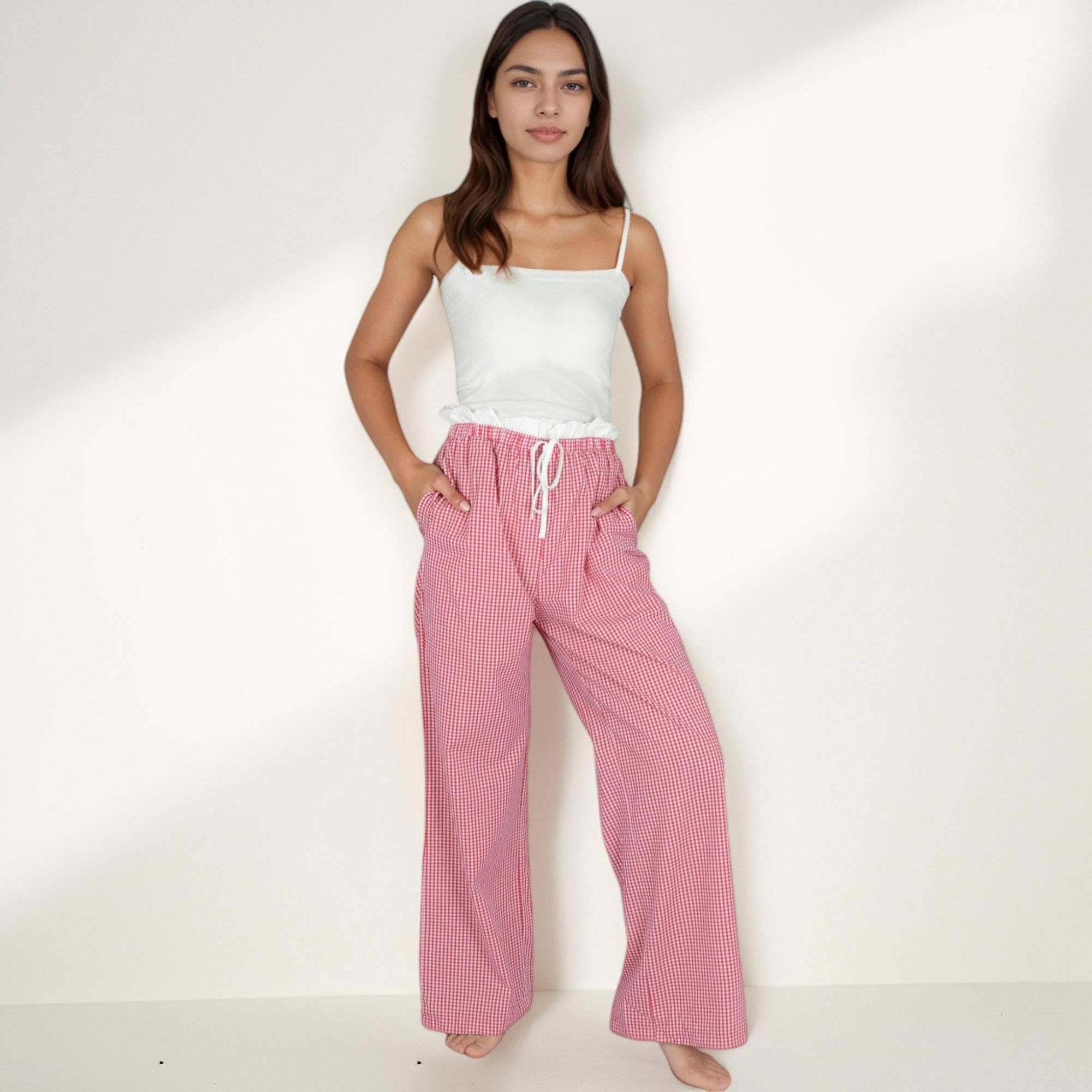 Anna-Kaci Lounge Women's Gingham Print Lounge Pants with Elastic Drawstring Waist and Relaxed Straight Leg Fit