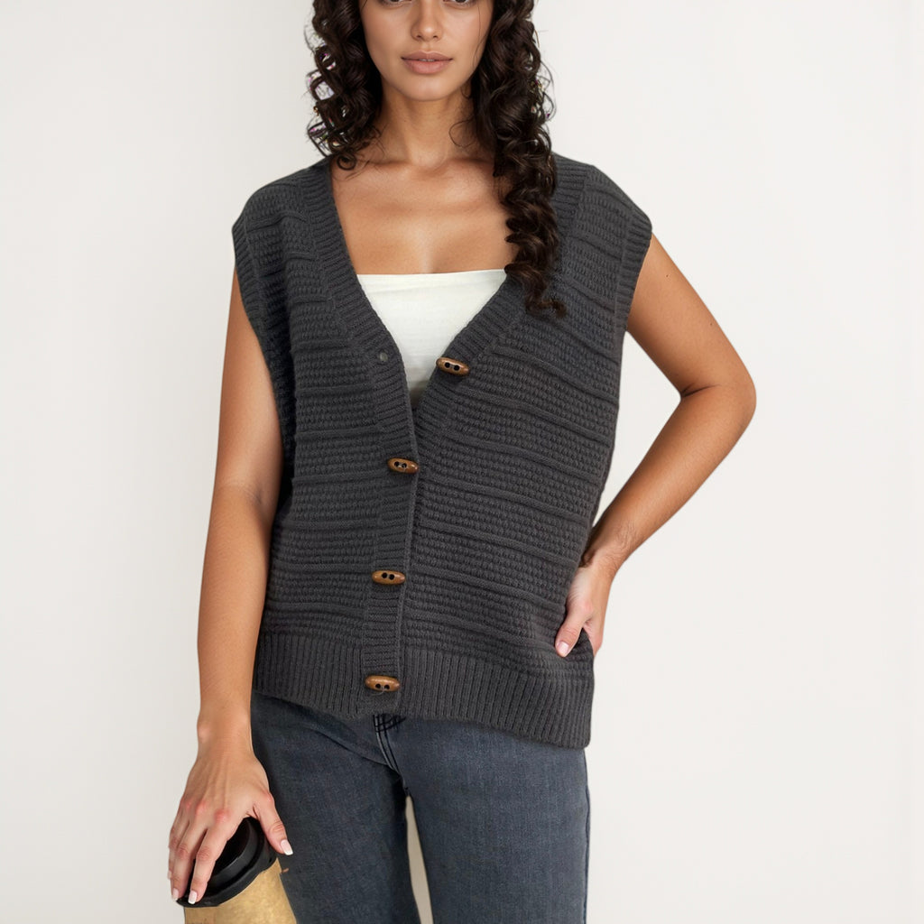 Anna-Kaci Women's Sleeveless Knit Button Down Vest with Ribbed Hem and Wooden Button Details
