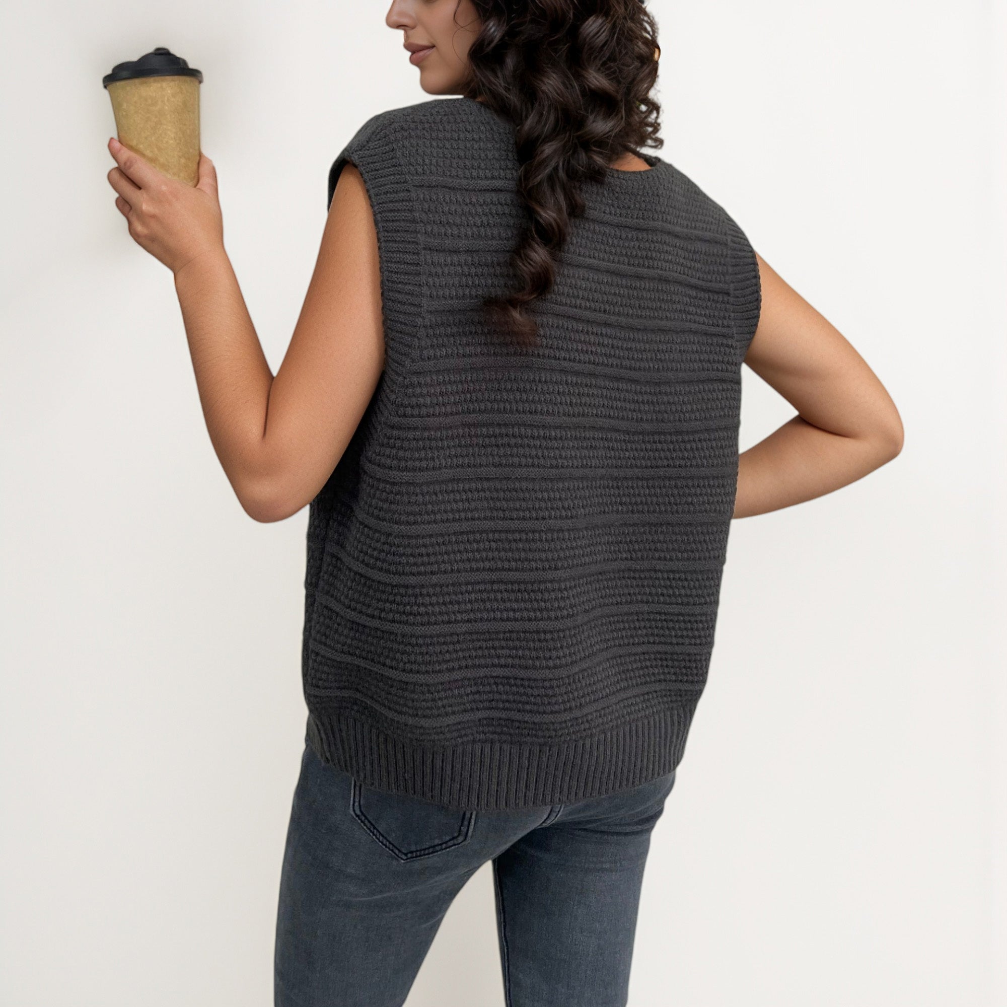 Anna-Kaci Women's Sleeveless Knit Button Down Vest with Ribbed Hem and Wooden Button Details