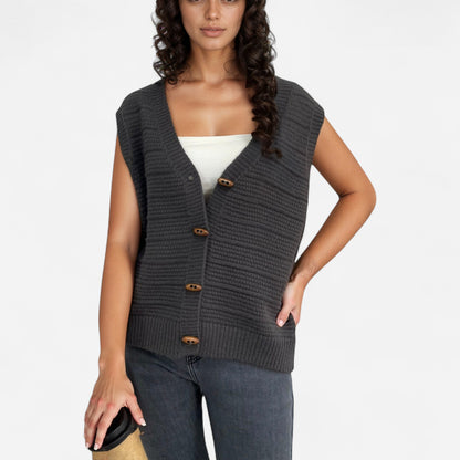 Anna-Kaci Women's Sleeveless Knit Button Down Vest with Ribbed Hem and Wooden Button Details