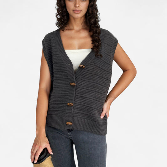 Anna-Kaci Women's Sleeveless Knit Button Down Vest with Ribbed Hem and Wooden Button Details