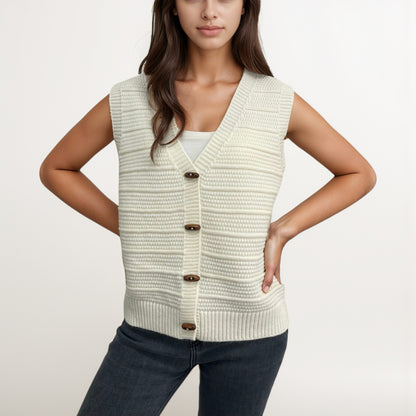 Anna-Kaci Women's Sleeveless Knit Button Down Vest with Ribbed Hem and Wooden Button Details