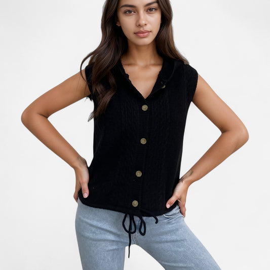 Anna-Kaci Women's Hooded Knit Button Down Vest with Drawstring Hem and Textured Cable Pattern