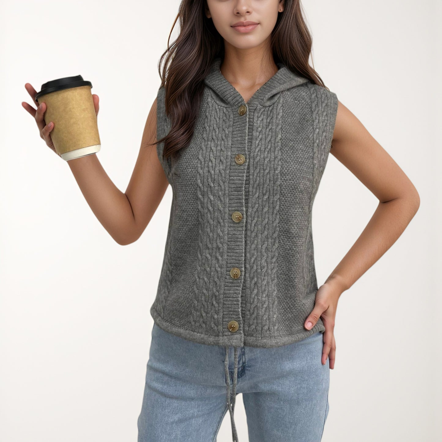 Anna-Kaci Women's Hooded Knit Button Down Vest with Drawstring Hem and Textured Cable Pattern