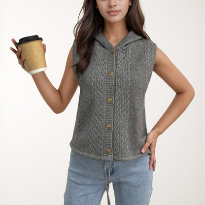 Anna-Kaci Women's Hooded Knit Button Down Vest with Drawstring Hem and Textured Cable Pattern