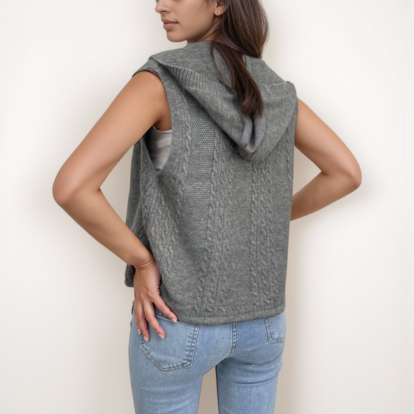 Anna-Kaci Women's Hooded Knit Button Down Vest with Drawstring Hem and Textured Cable Pattern